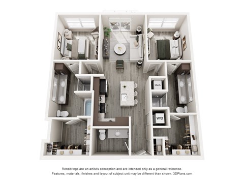 Floor plan for 2 beds, 2 baths, 1130 sqft